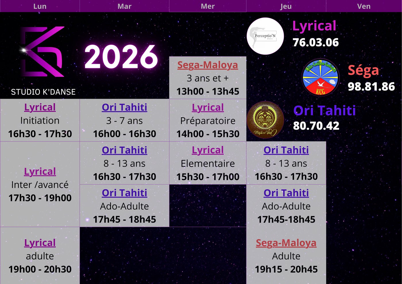 Planning des cours du Studio K'Danse
